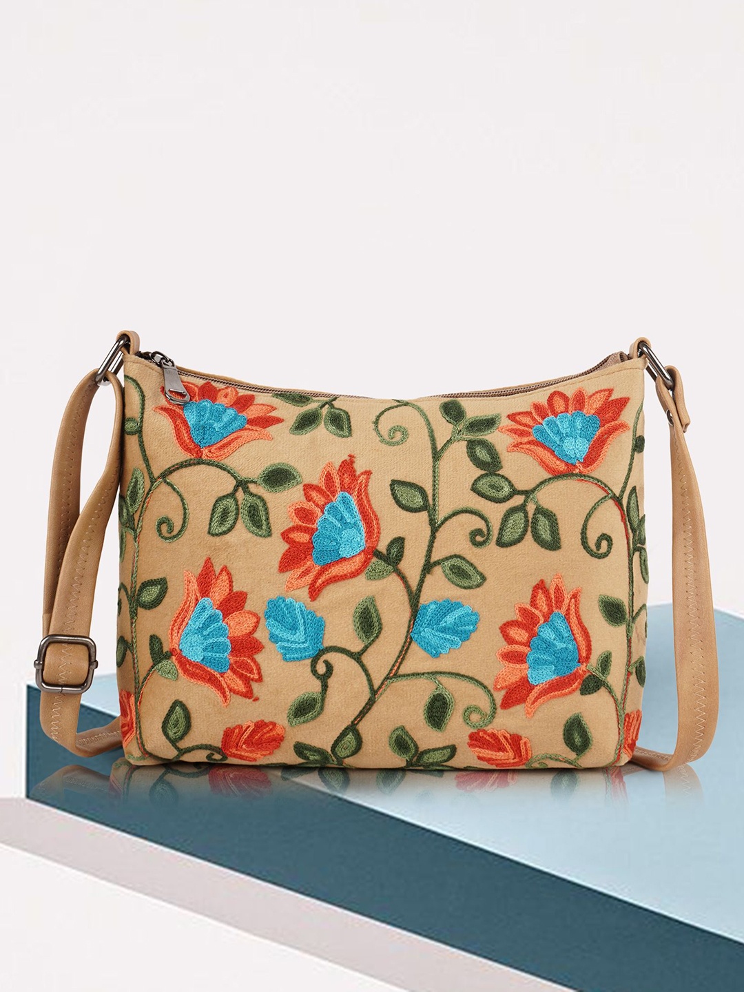 

STARWINGS Floral Embellished Oversized Crossbody Sling Bag With Applique, Beige