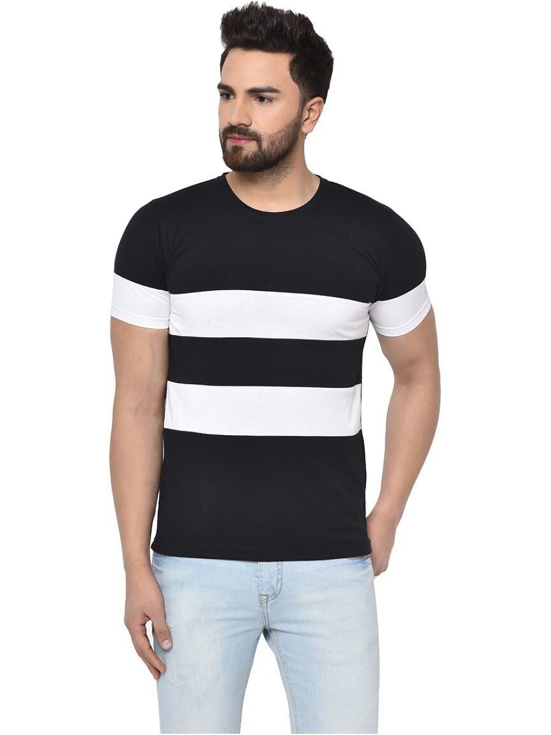 

Unicus Apparel Men Striped Round Neck Cotton T-shirt, Black