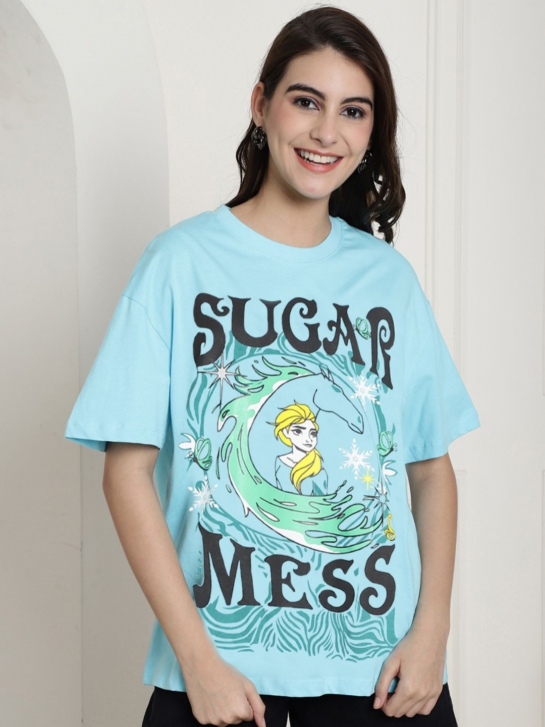 

Tromko Women Graphic Printed Round Neck Cotton Oversized T-shirt, Blue