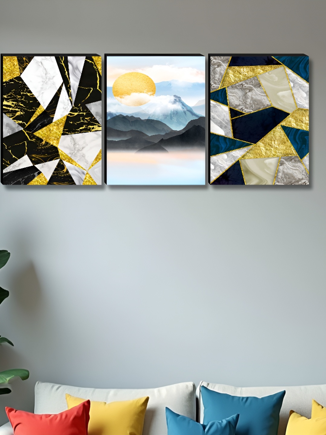 

Myntra Elegant Homes White & Gold-Toned 3 Pieces Sun Printed Wall Paintings