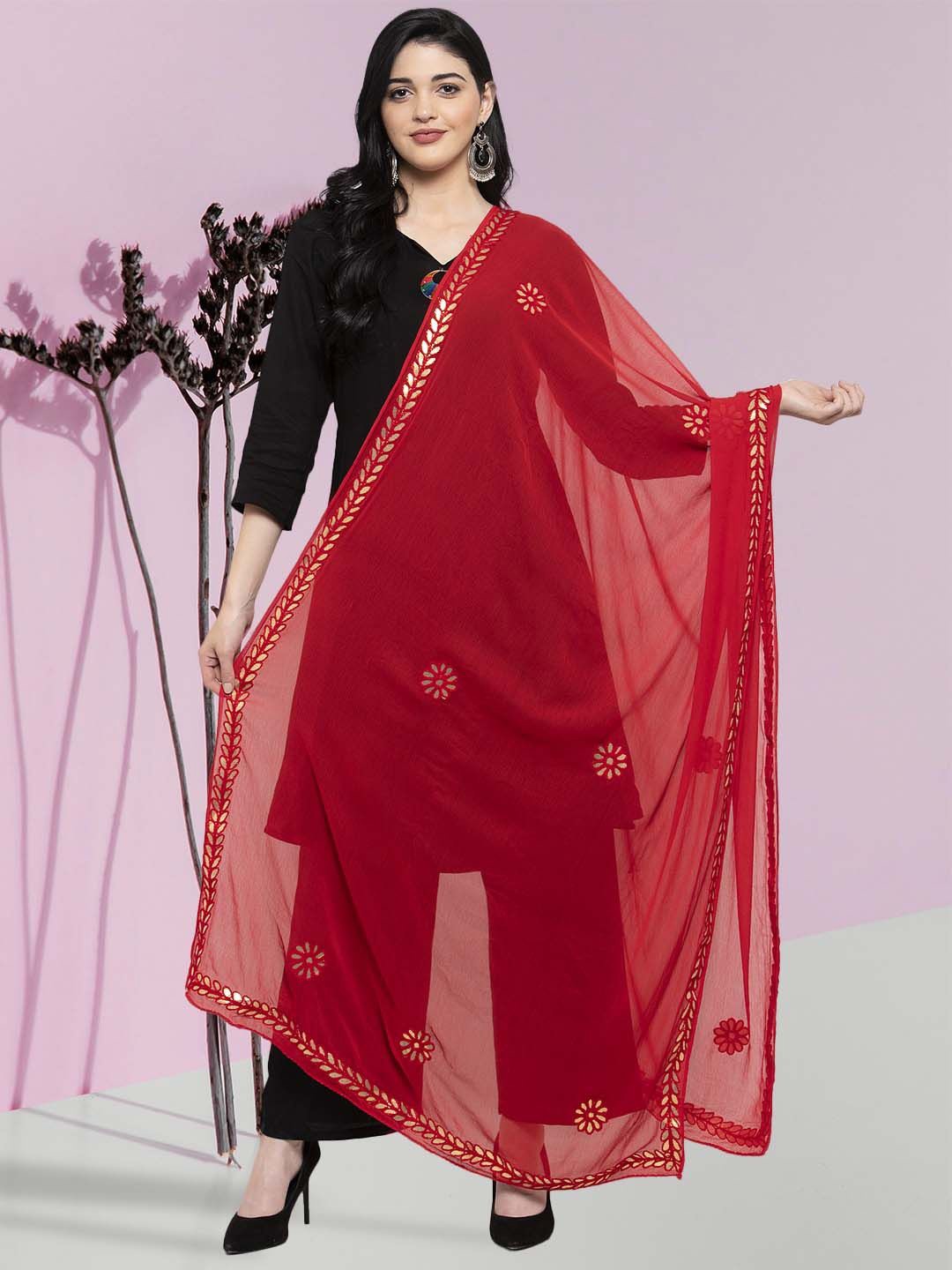

Moda Rapido Embroidered Foil Print Dupatta With Gotta Patti, Red