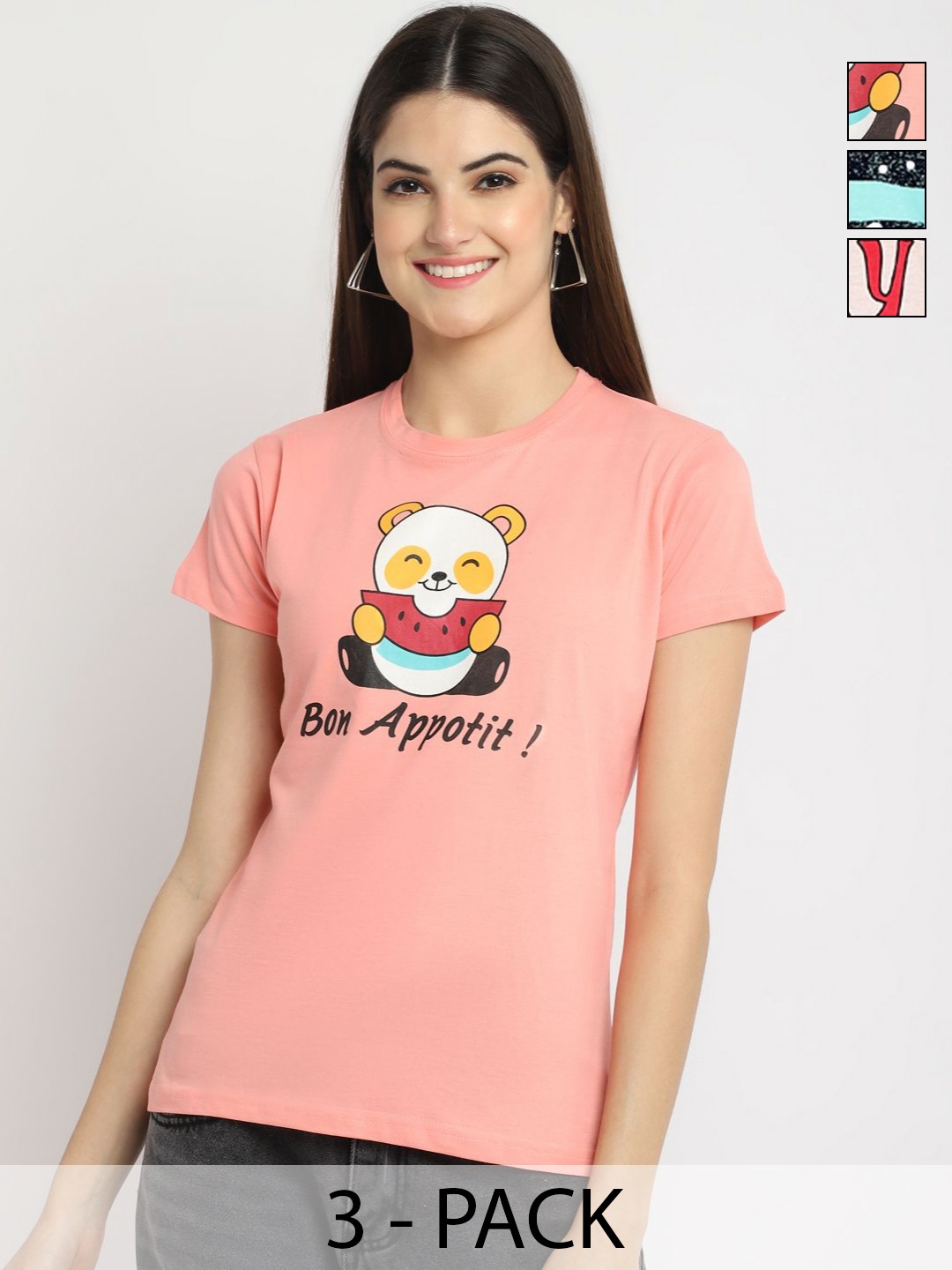 

Dreambe Women Pack of 3 Graphic Printed Round Neck Cotton T-shirts, Peach