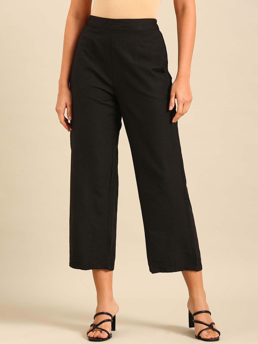 

De Moza Women Regular Fit Cotton Wide Leg Trousers, Black