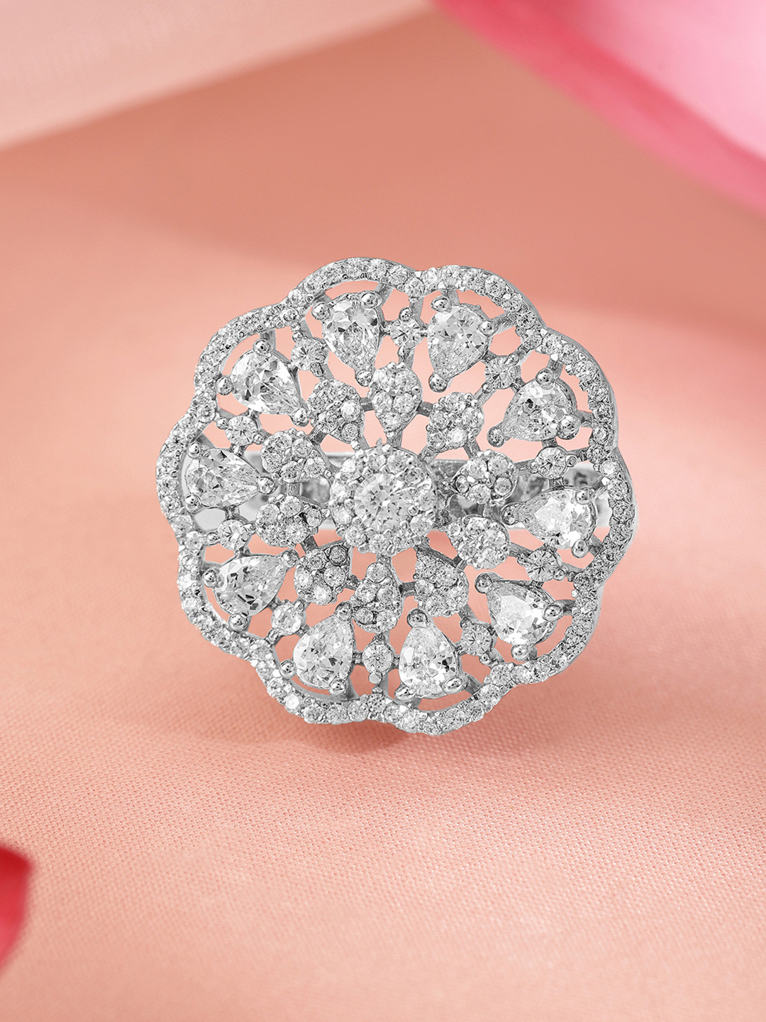 

Rubans Rhodium Plated Cubic Zirconia Studded Floral Design Adjustable Finger Ring, Silver