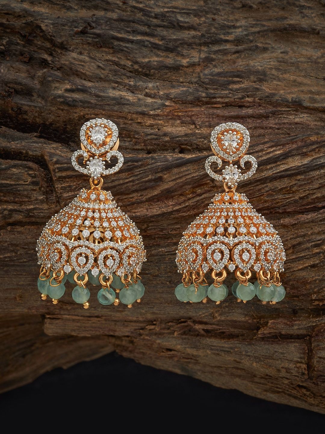 

Kushal's Fashion Jewellery Gold-Plated Dome Shaped Zircon Studded & Beaded Jhumkas