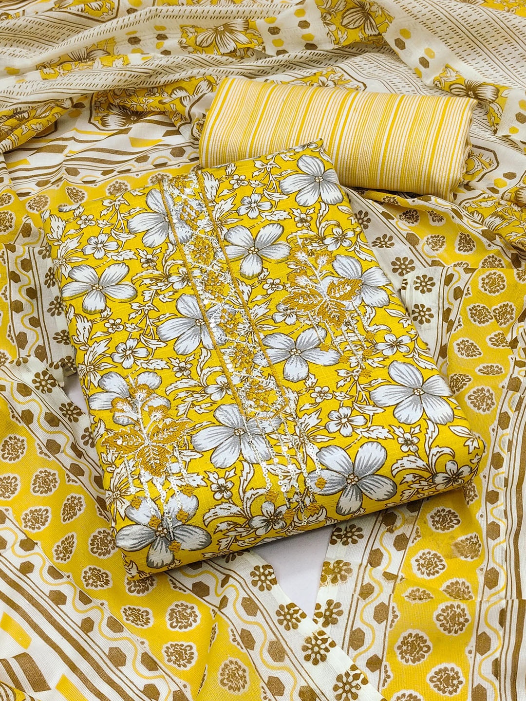 

SHADOW & SAINING Floral Printed Sequinned Pure Cotton Unstitched Dress Material, Yellow
