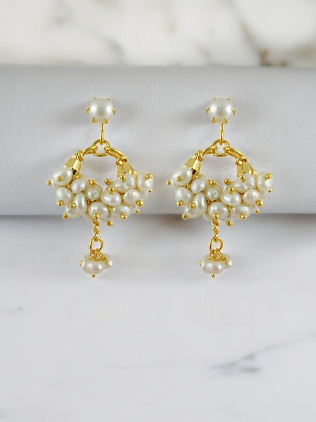

Sri Jagdamba Pearls Dealer Gold-Plated Contemporary Pearl Drop Earrings, White