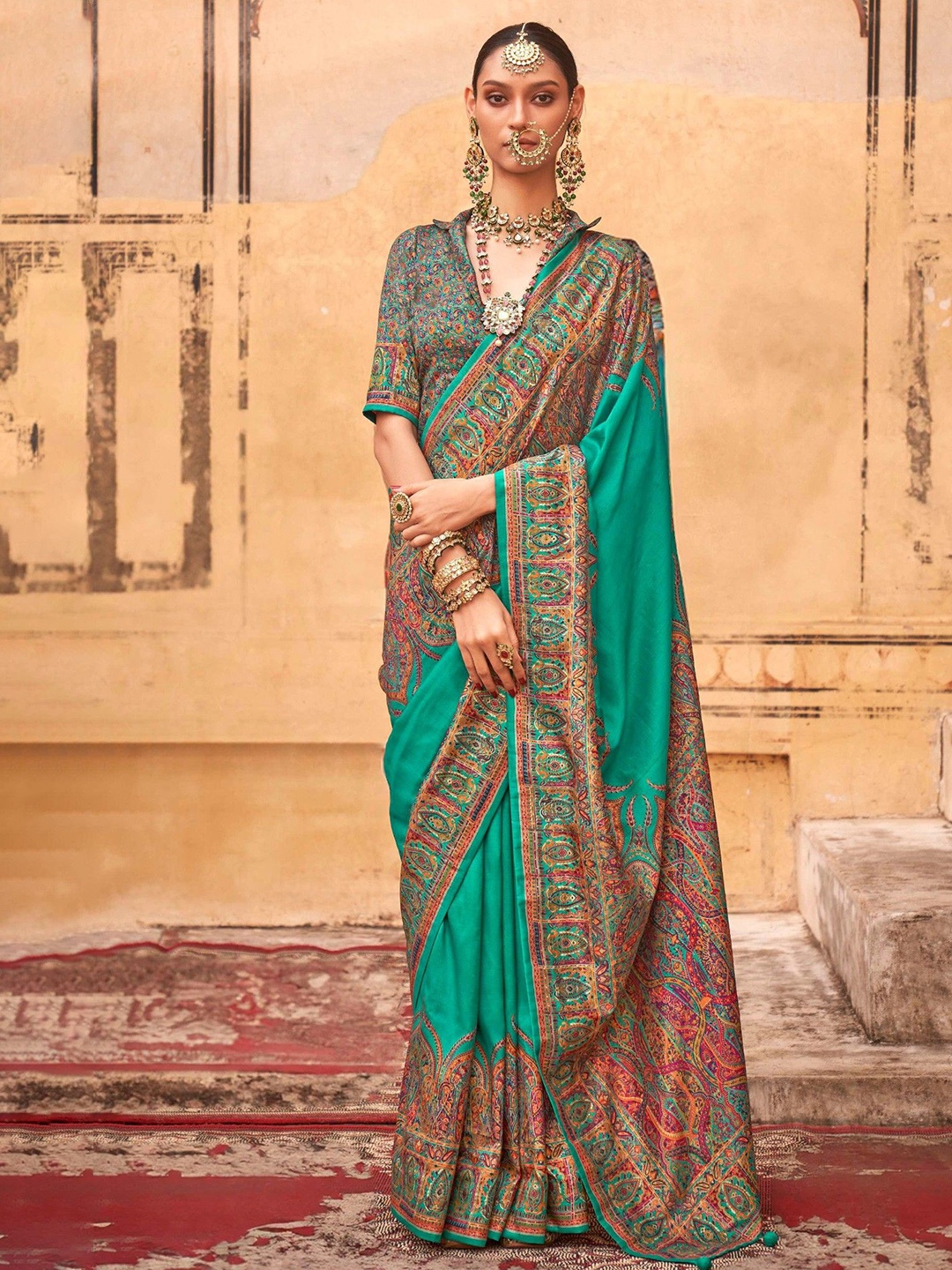 

MySilkLove Women Printed Jamawar Saree, Green