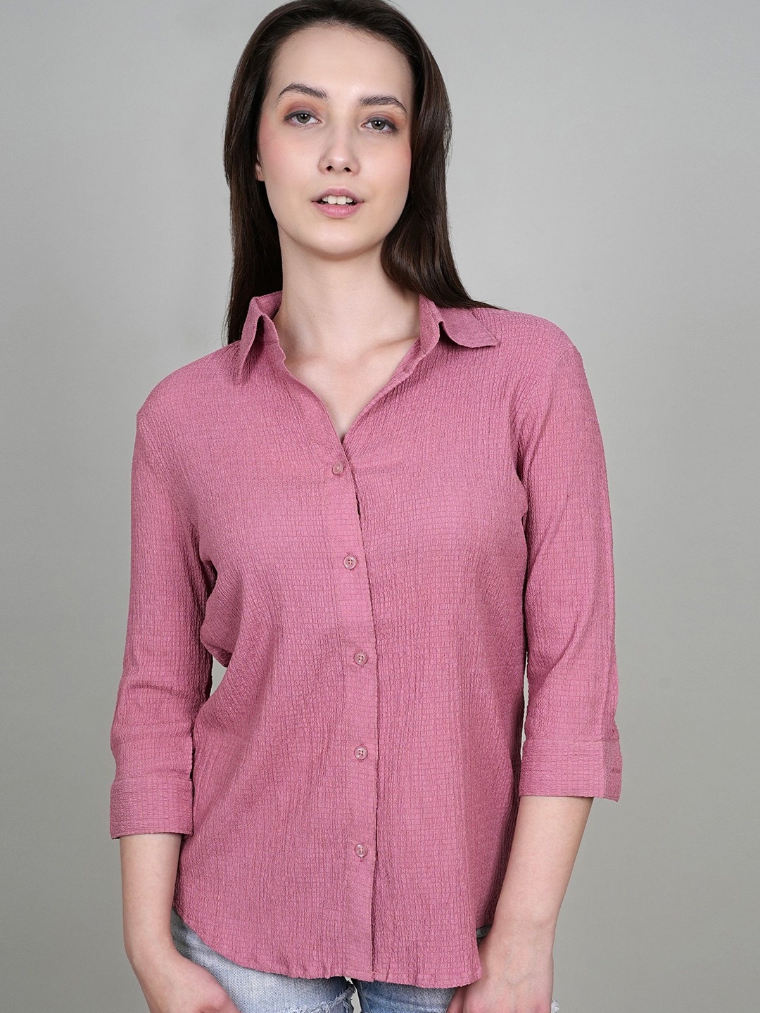 

ADBUCKS Women Spread Collar Textured Casual Shirts, Mauve