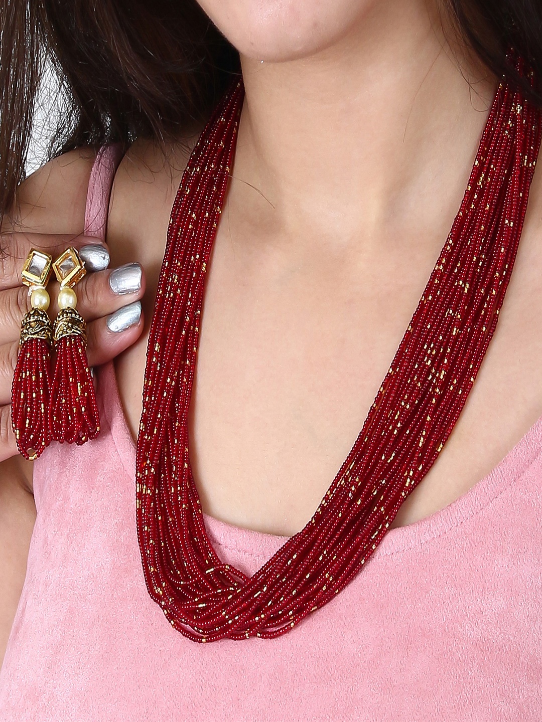 

ahoora Gold-Plated Stone Studded & Beaded Necklace and Earrings