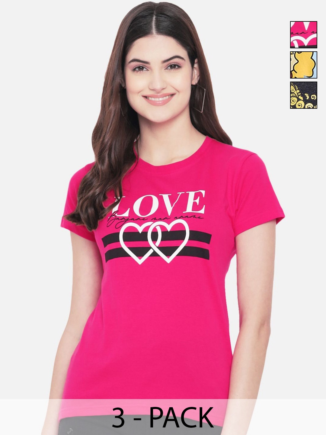 

Dreambe Women Pack of 3 Typography Printed Round Neck Cotton T-shirts, Fuchsia