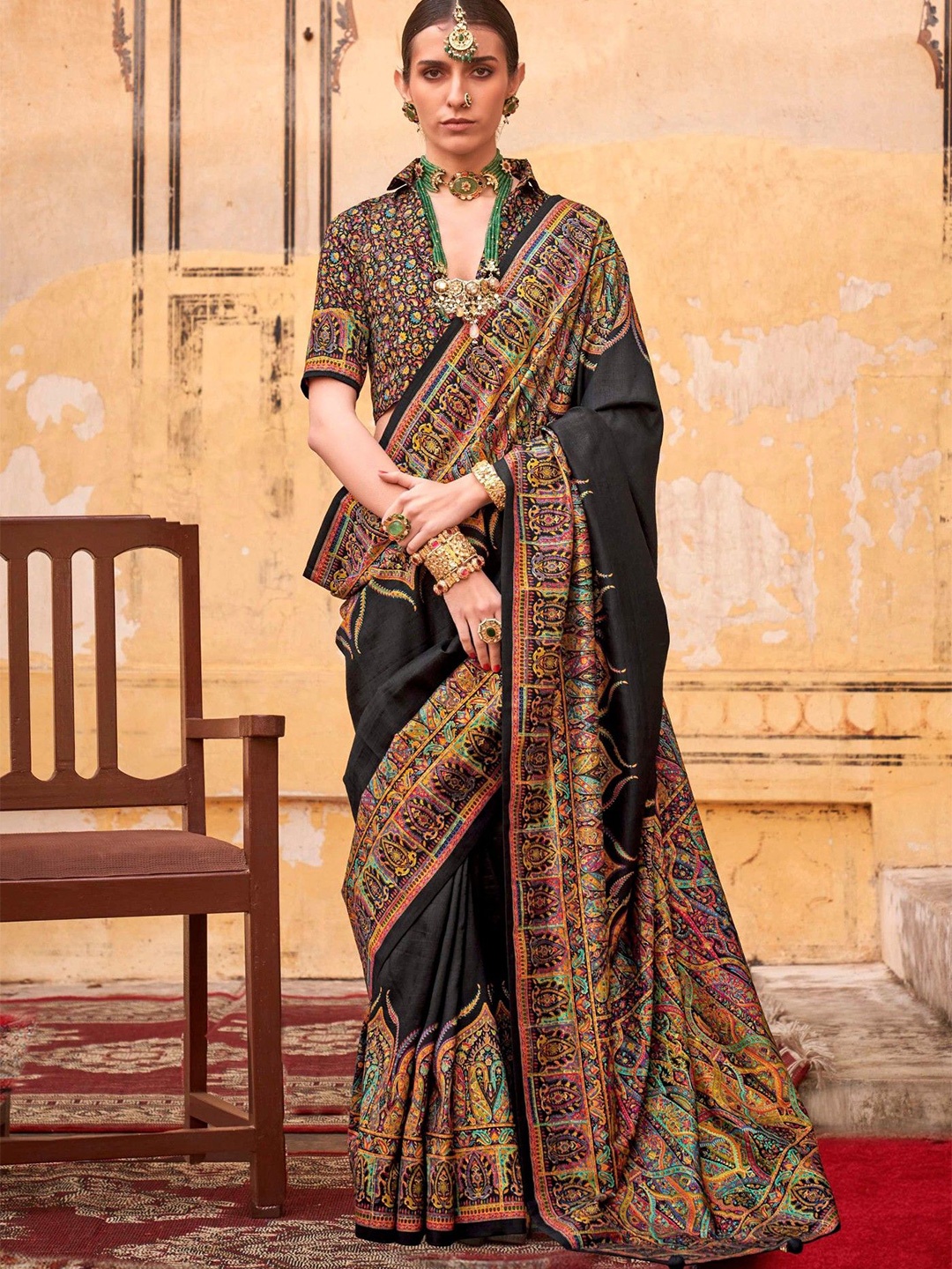 

MySilkLove Coral Black Printed Jamawar Saree