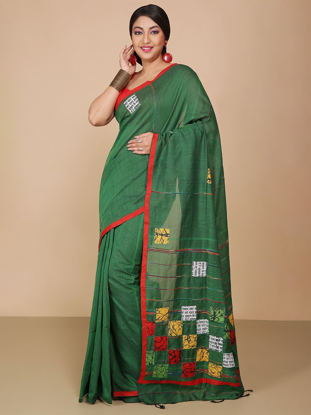 

BENGAL HANDLOOM Geometric Printed Taant Saree, Green