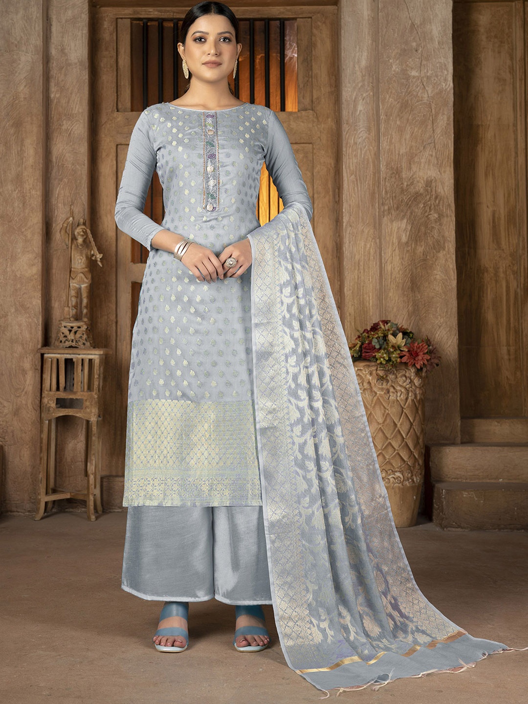 

SHADOW & SAINING Woven Design Semi-Stitched Dress Material, Grey