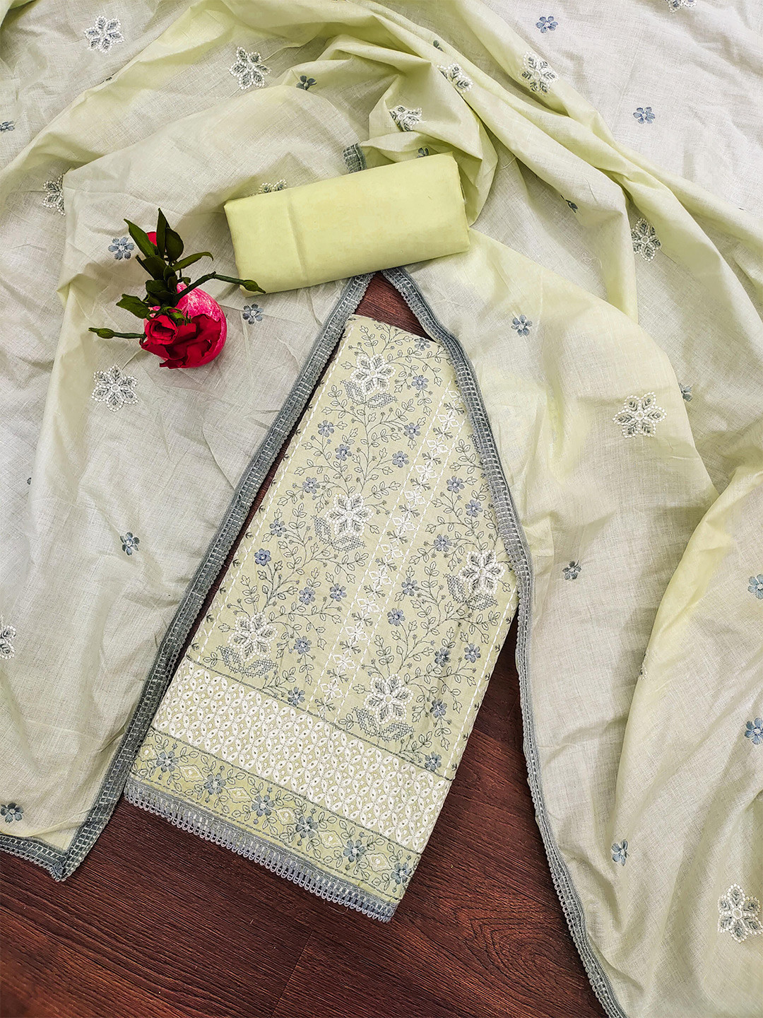 

SHADOW & SAINING Embroidered Zari Pure Cotton Semi-Stitched Dress Material, Green