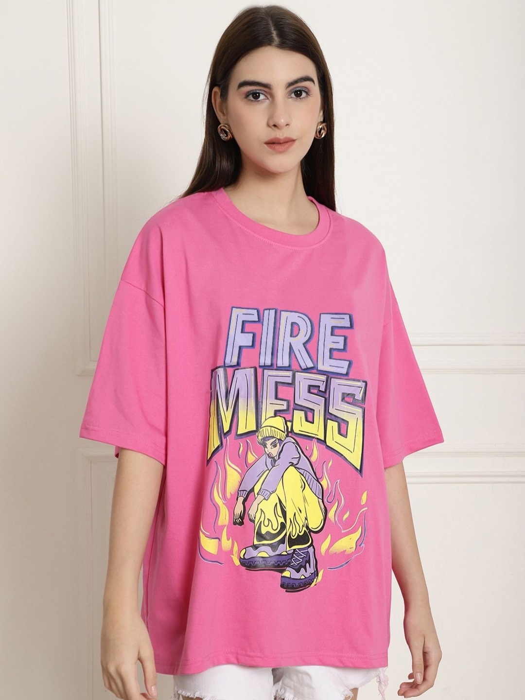 

Tromko Women Graphic Printed Round Neck Oversized Cotton T-shirt, Pink