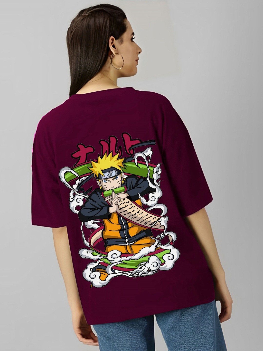 

kintu parantu Women Naruto Graphic Printed Round Neck Cotton Oversized T-shirt, Maroon