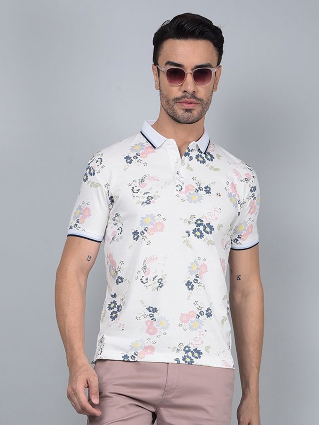 

Crimsoune Club Men Floral Printed Polo Collar Cotton Slim Fit T-shirt, White