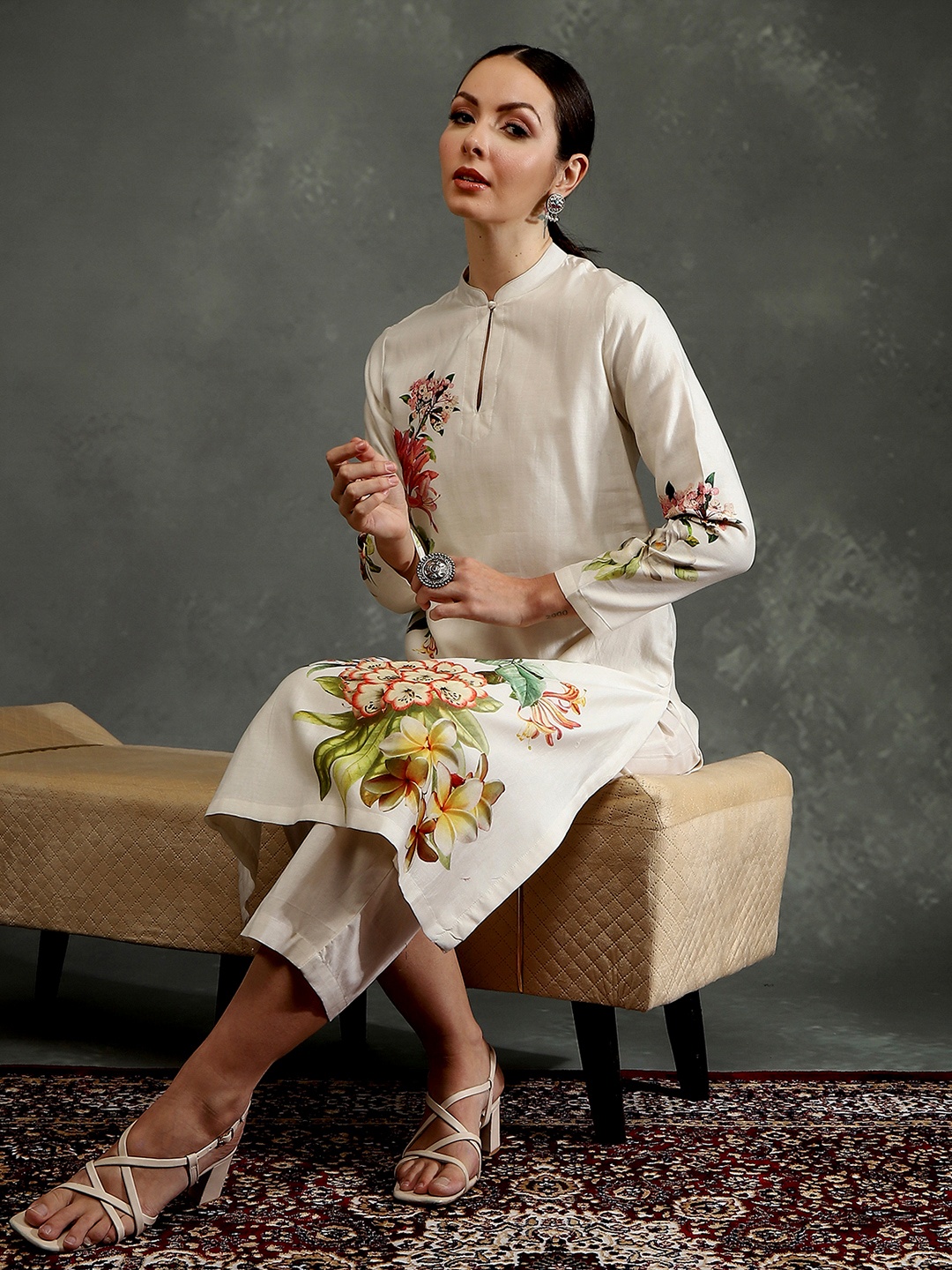 

Biba by Rohit Bal Floral Printed Mandarin Collar Kurta with Palazzos, White