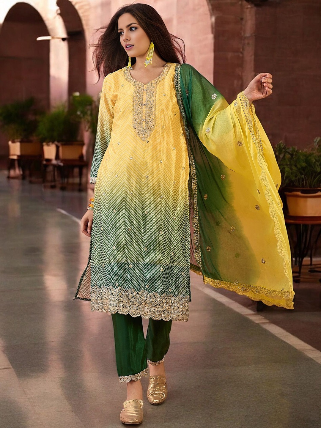 

Blissta Chevron Printed Zari Straight Kurta With Trousers And Dupatta, Yellow