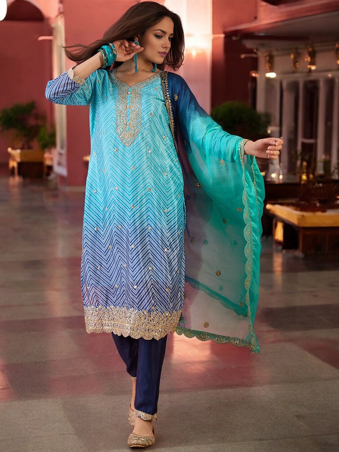 

KIMISHA Bandhani Printed Sweetheart Neck Zari Straight Kurta With Trousers & Dupatta, Blue