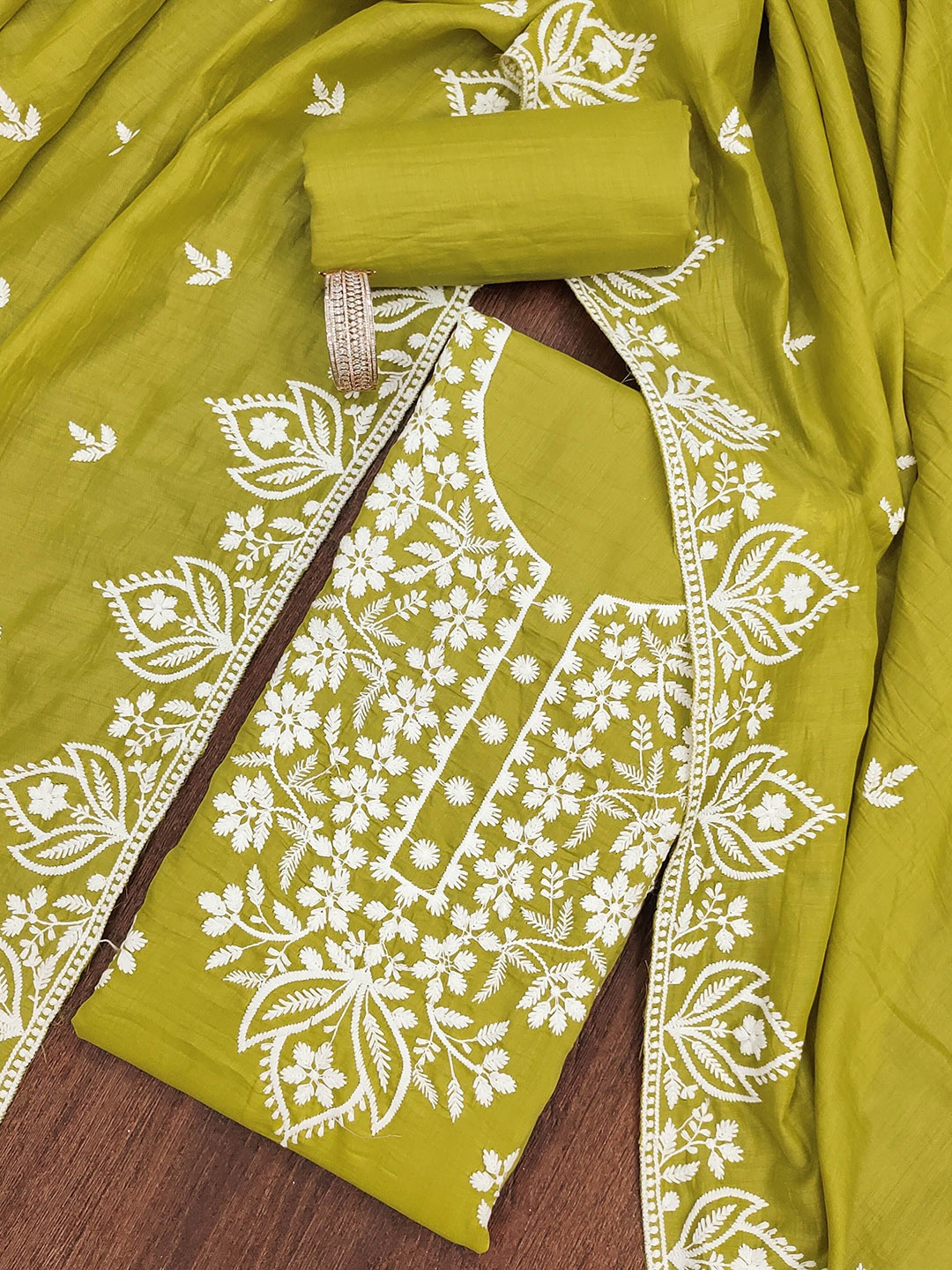 

SHADOW & SAINING Floral Embroidered Thread Work Pure Cotton Unstitched Dress Material, Lime green