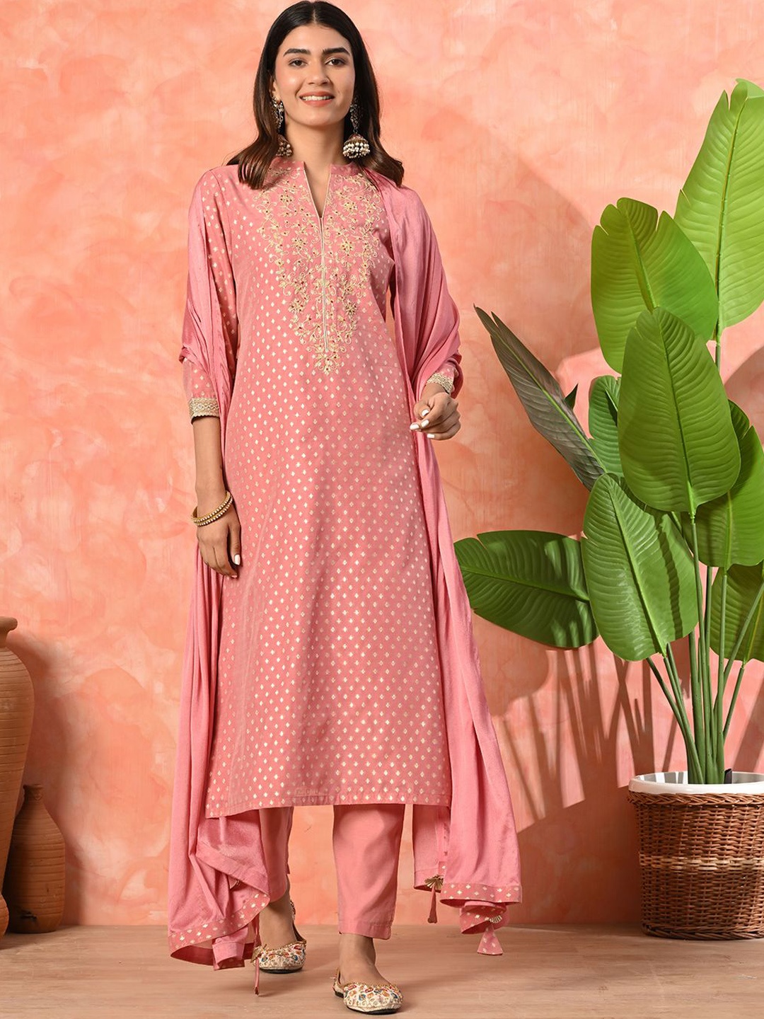 

Sangria Floral Yoke Design Mandarin Collar Chanderi Silk Kurta With Trousers & Dupatta, Pink