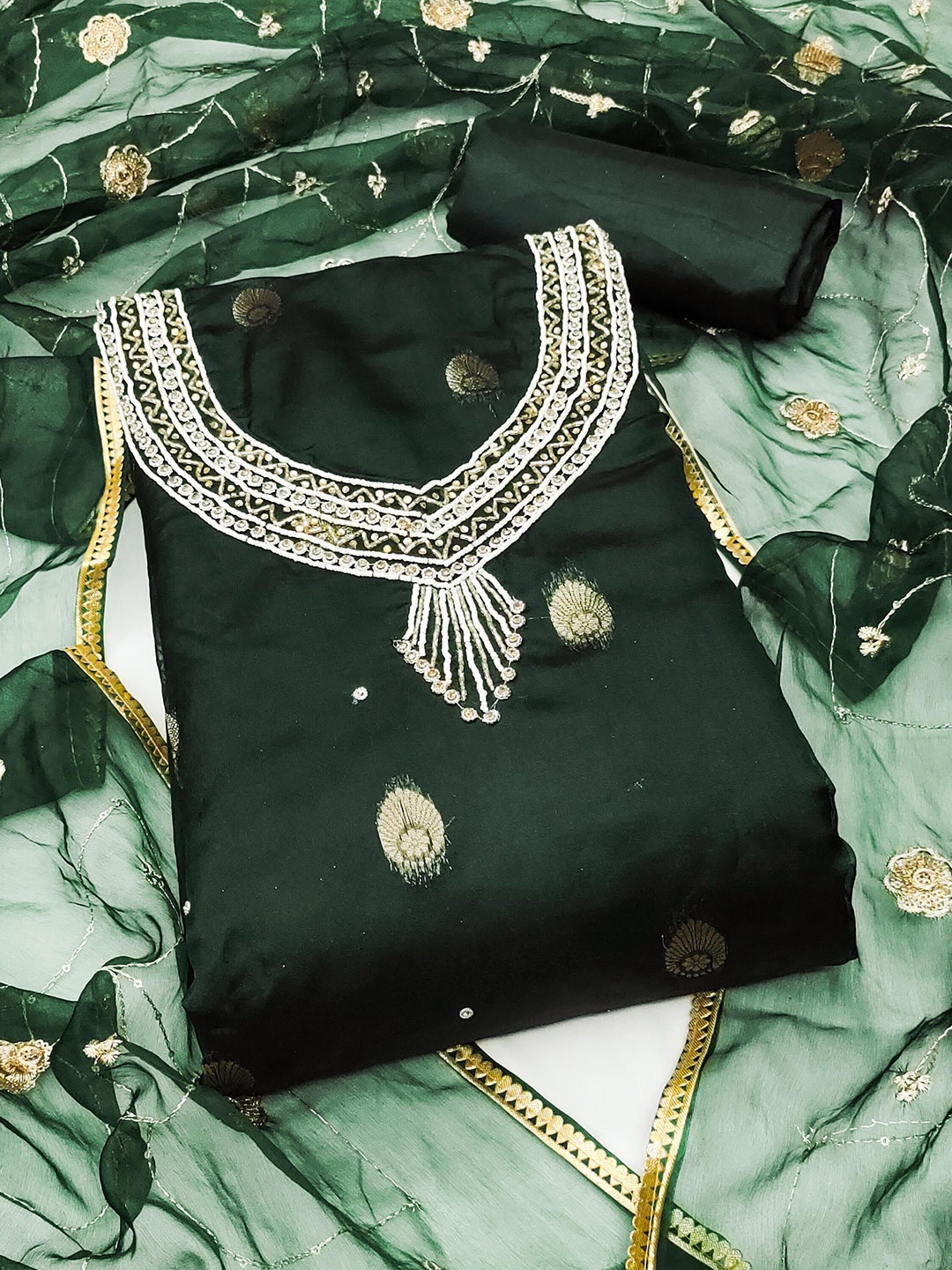 

SHADOW & SAINING Ethnic Motifs Woven Design Beads Work Organza Unstitched Dress Material, Green