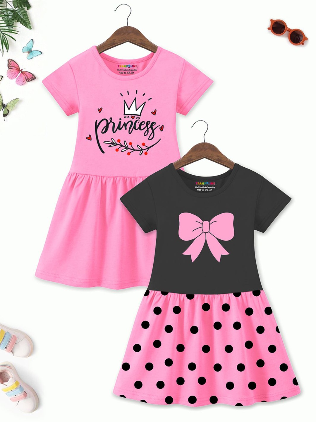 

YK X Trampoline Girls Pack of 2 Printed Cotton Fit and Flare Dress, Black