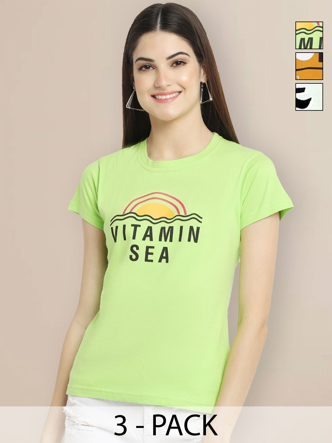 

Metronaut Women Pack of 3 Typography Printed Round Neck Cotton T-shirts, Green