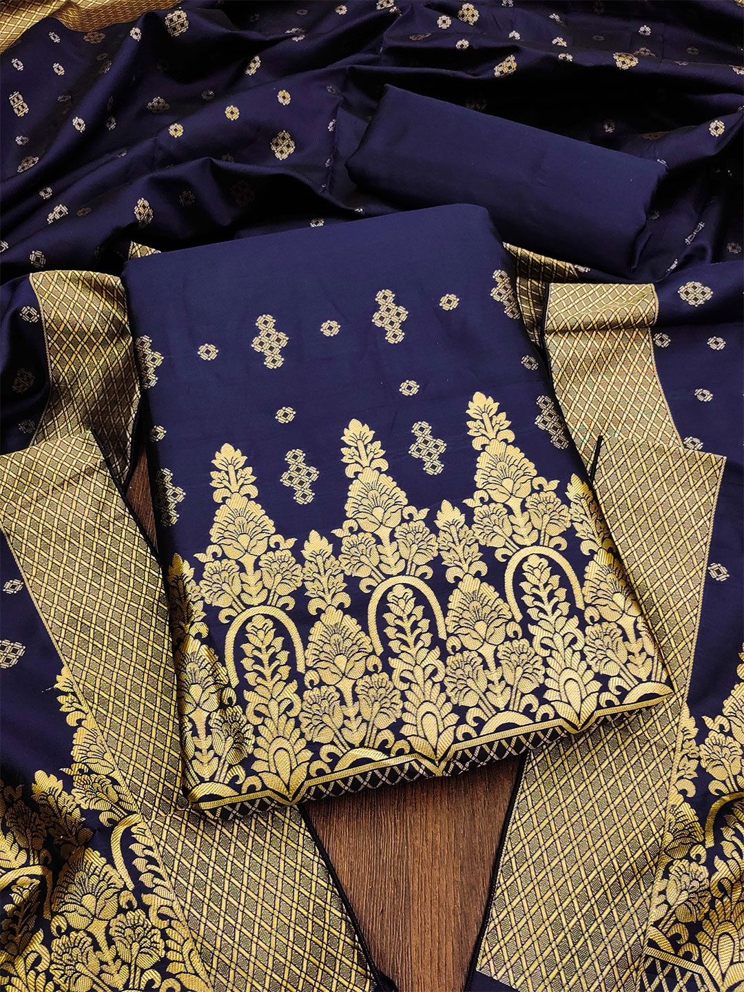 

Maroosh Floral Woven Design Banarasi Silk Unstitched Dress Material, Navy blue