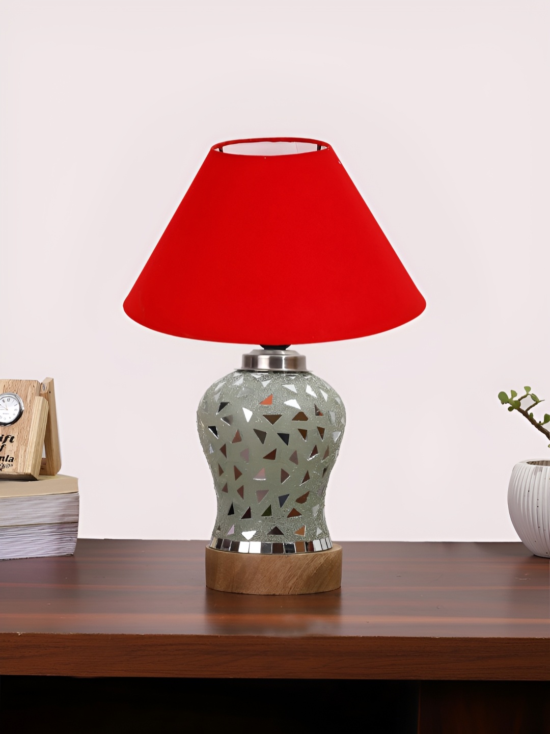 

Devansh Red Textured Frustum Shaped Wooden Table Lamp & Mosaic Glass