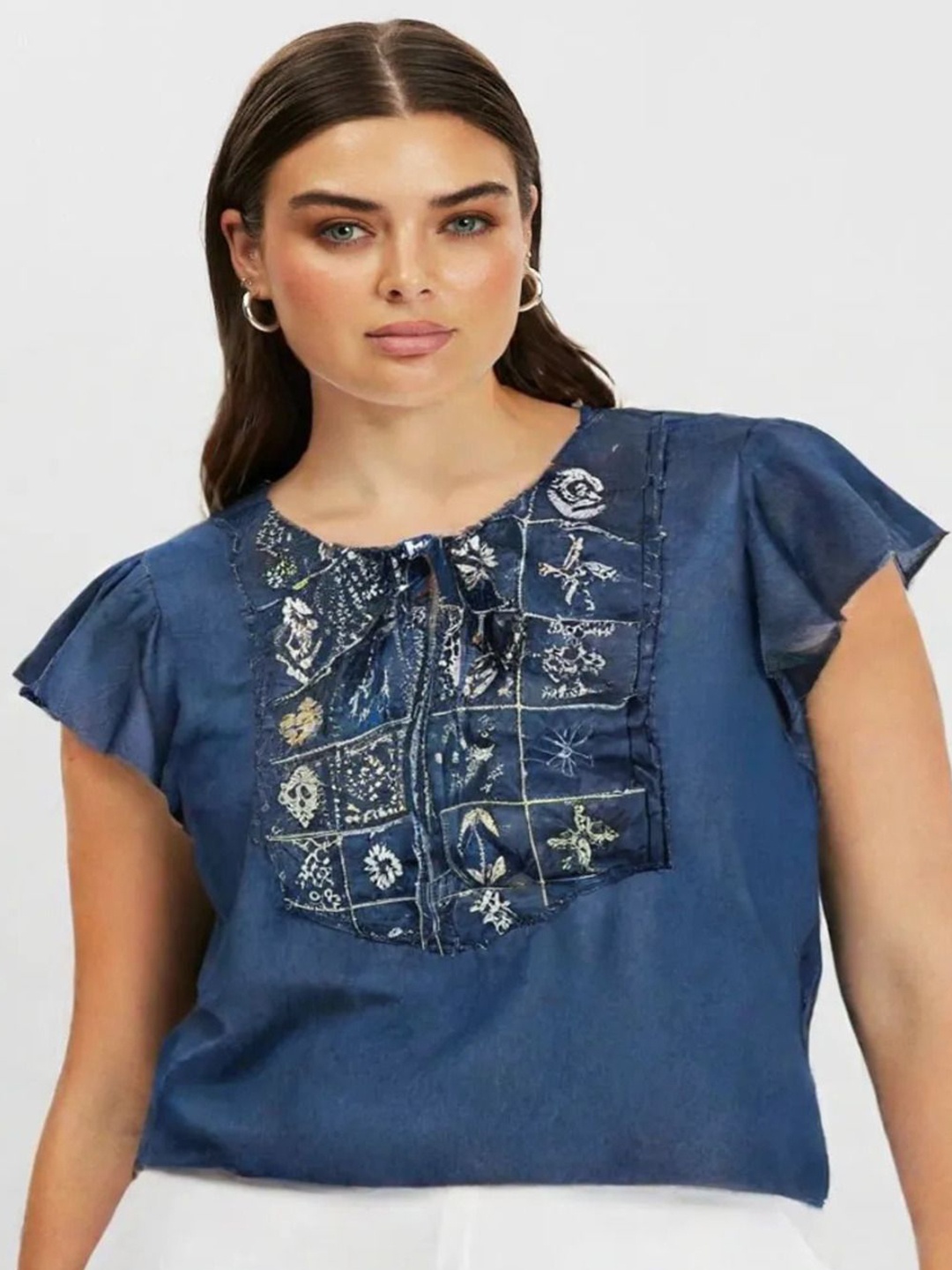 

Shiv traders collection Women Floral Embroidered Flutter Sleeve Cotton Denim Top, Blue