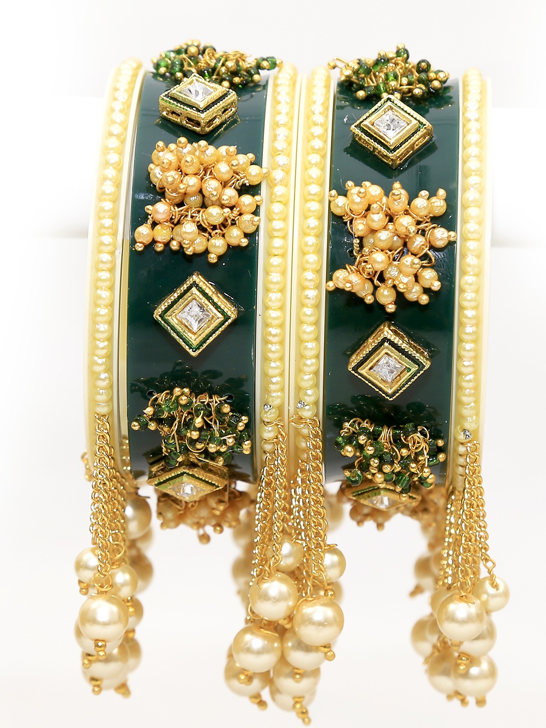 

Zindura Set Of 2 Gold Plated Stones Studded & Pearls Beaded Bangles