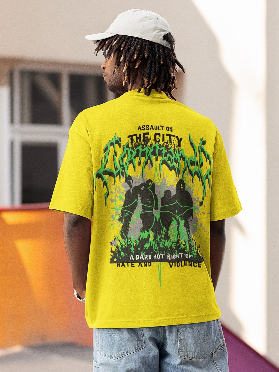 

Edyssa Men Graphic Printed Round Neck Cotton Oversized T-shirt, Yellow