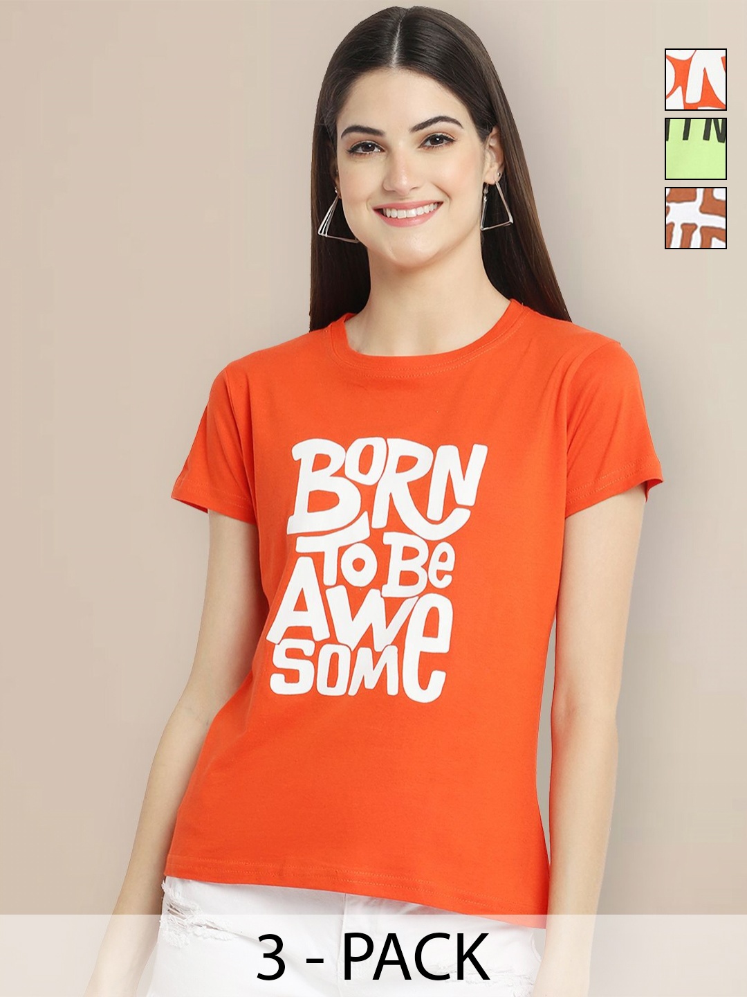 

Metronaut Women Pack of 3 Typography Printed Round Neck Cotton T-shirts, Orange
