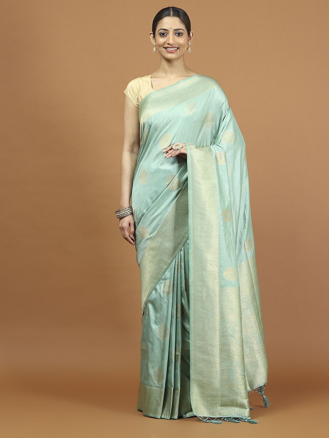 

Meena Bazaar Ethnic Motifs Woven Design Zari Saree, Sea green