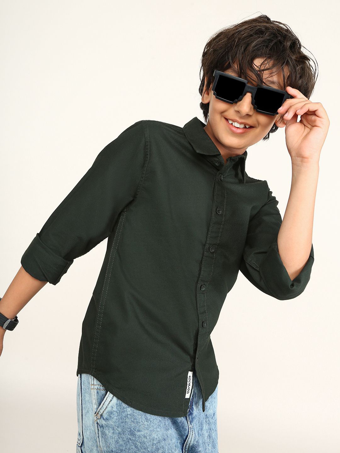 

BONKIDS Boys Spread Collar Solid Cotton Casual Shirt, Green