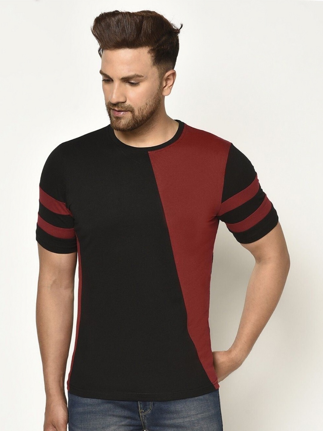 

Unicus Apparel Men Colourblocked Round Neck Cotton T-shirt, Maroon