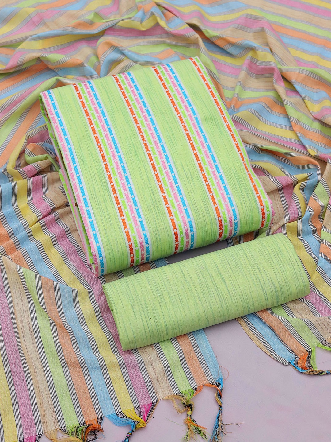 

SHADOW & SAINING Striped Woven Design Unstitched Dress Material, Green