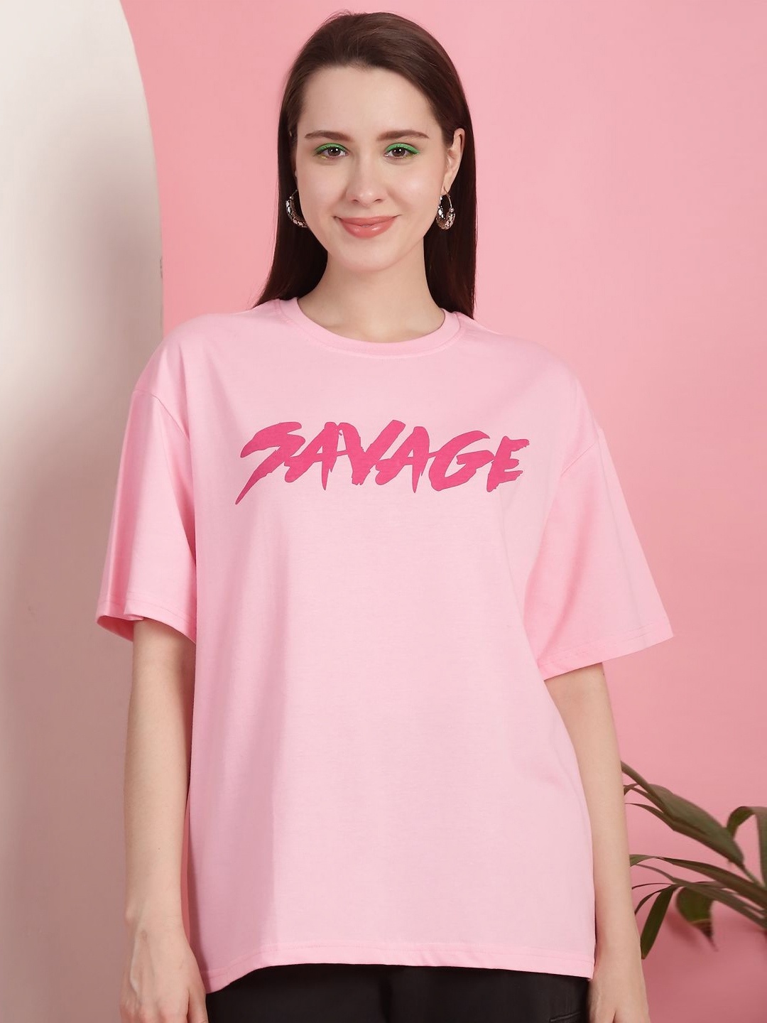 

Tromko Women Graphic Printed Round Neck Cotton Oversized T-shirt, Pink