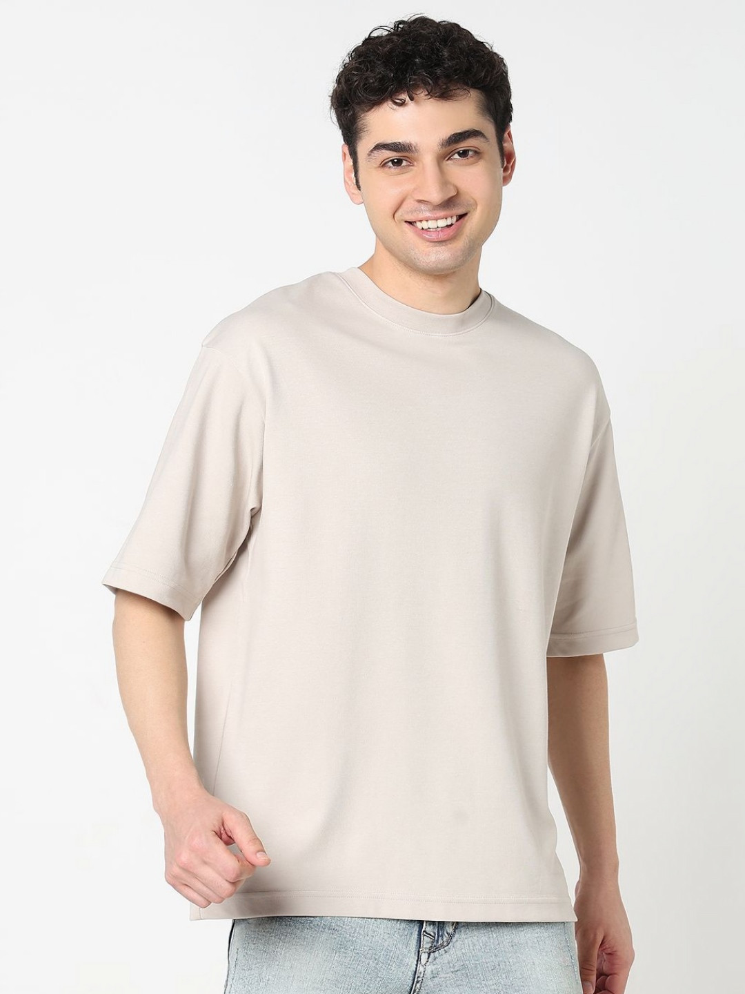 

R&B Round Neck Drop-Shoulder Sleeves Cotton Oversized T-shirt, Beige