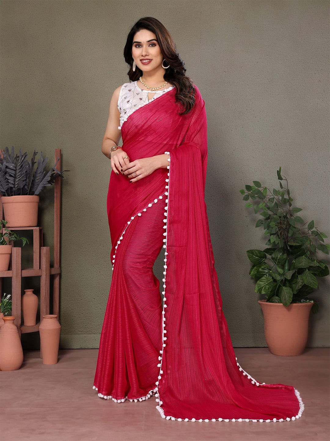 

ROOP SUNDARI SAREES Striped Saree With Pom Pom Border, Magenta