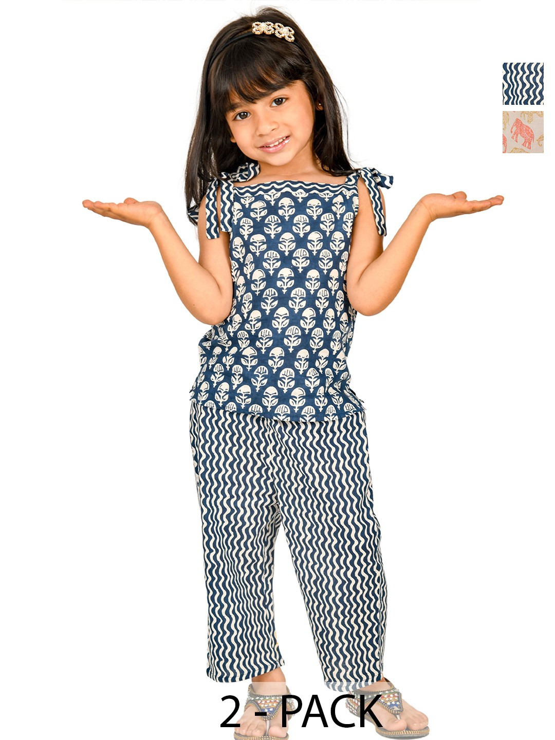 

Tiny Bunnies Girls Pack Of 2 Printed Shoulder Straps Pure Cotton Top With Trousers, Navy blue