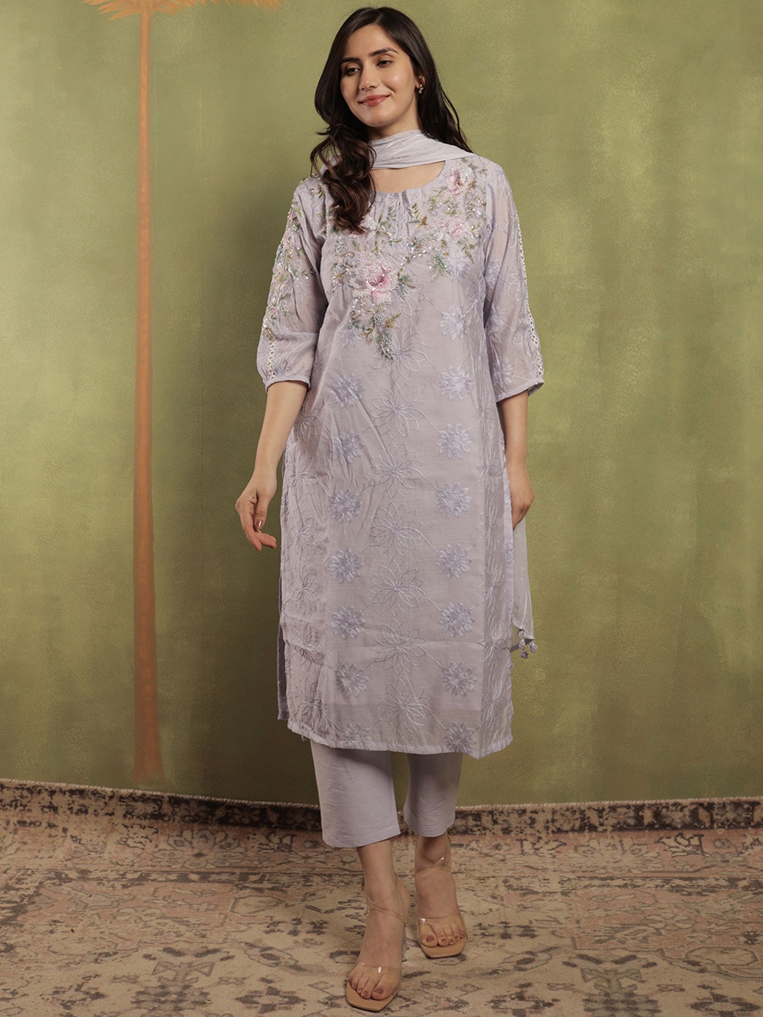 

SRIHA Floral Embroidered Sequinned Kurta With Trousers & Dupatta, Purple