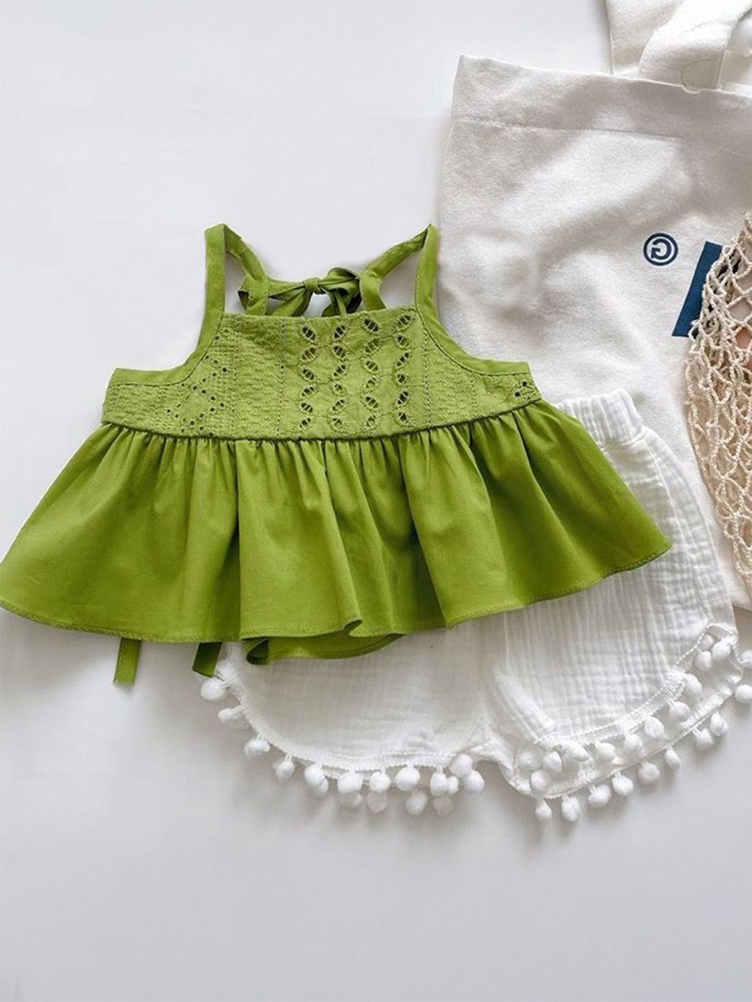 

FOREVER FRIDAY Girls Self Design Square Neck Pure Cotton Top & Shorts, Green