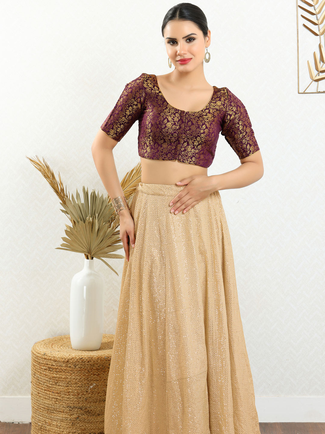 

VAMAS - THE DESIGNER BLOUSES Women Round Neck Padded Saree Blouse, Burgundy