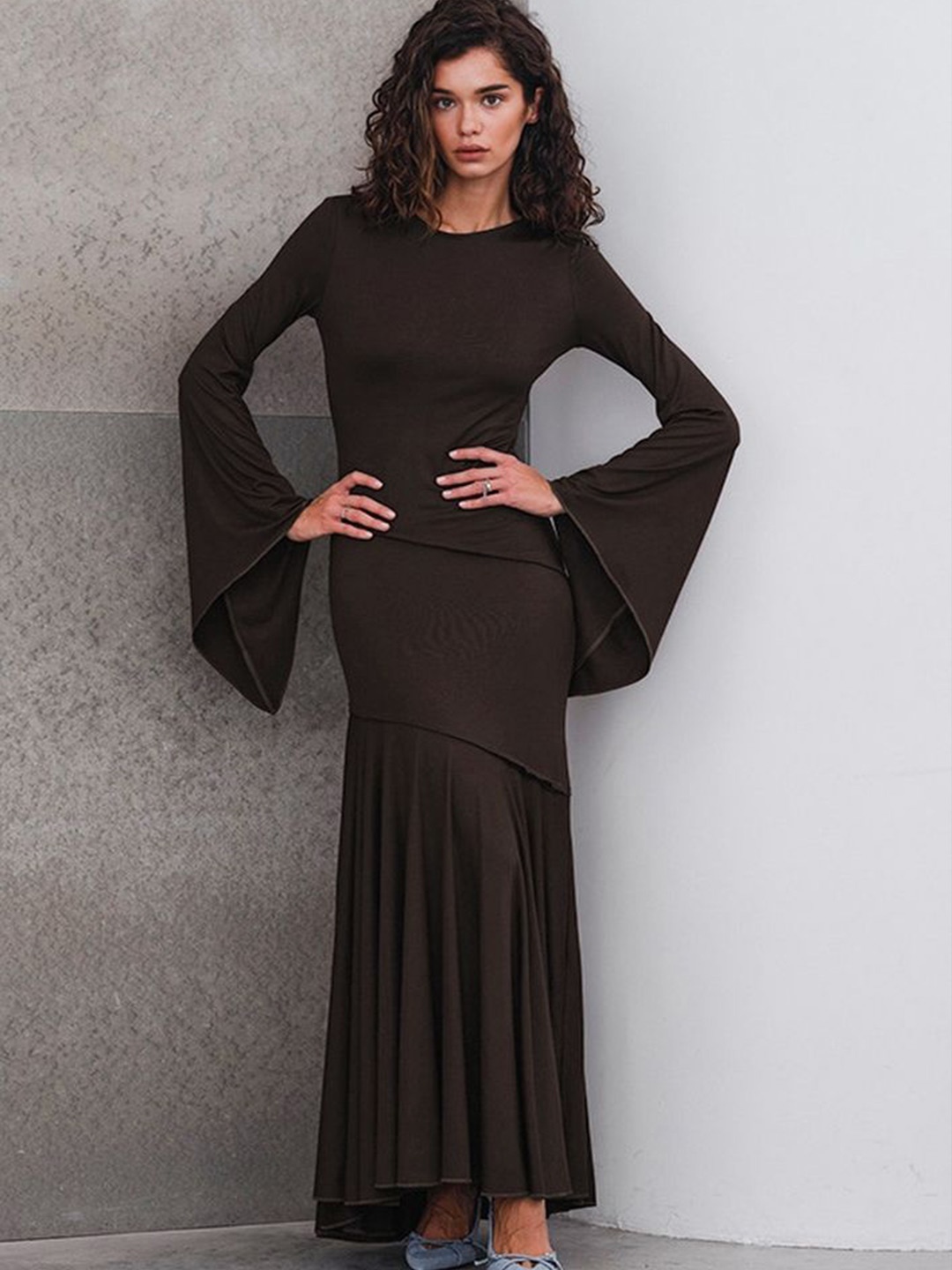 

LULU & SKY Bell Sleeve Maxi Dress, Brown