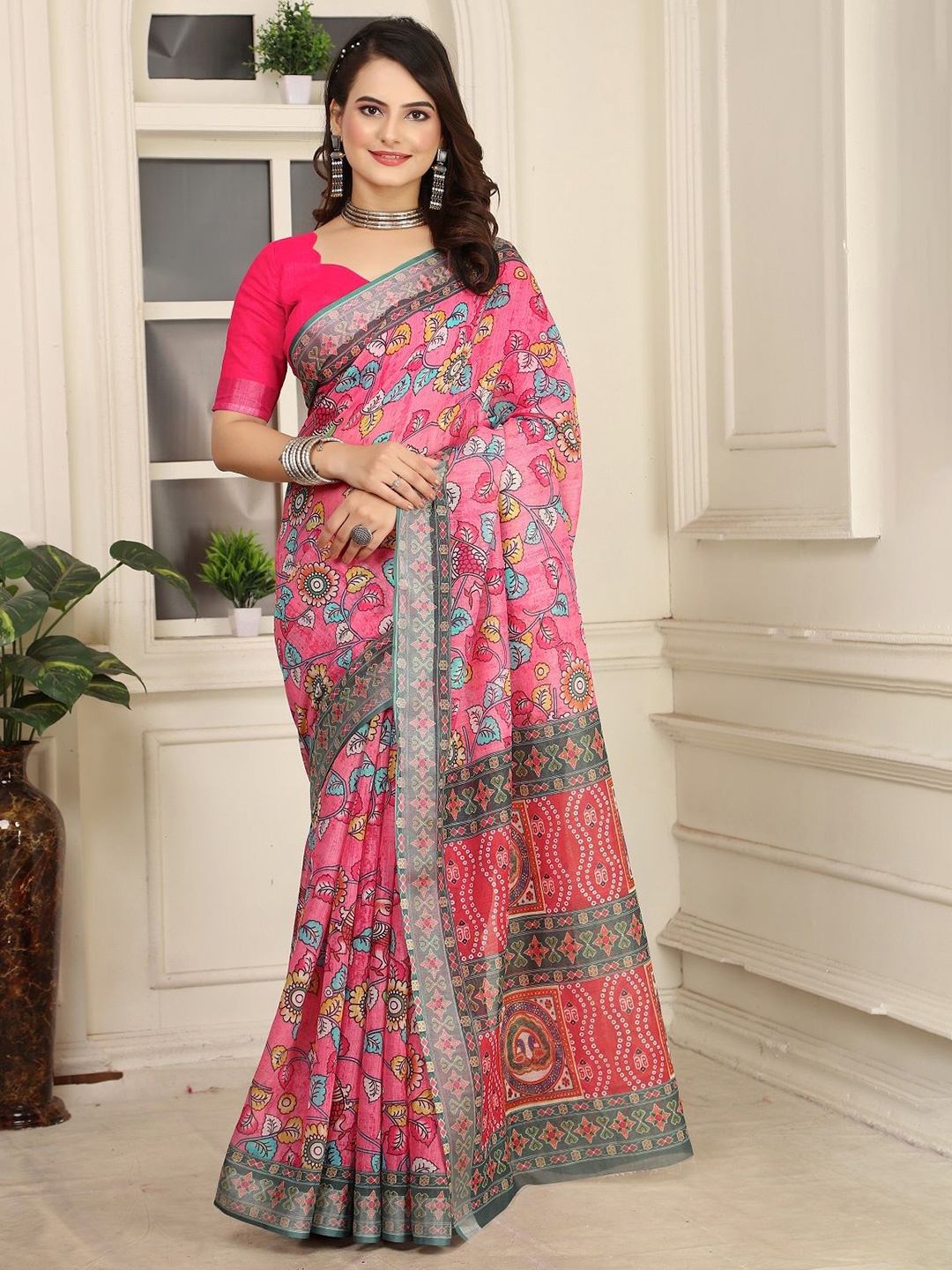 

Mitera Floral Printed Pure Cotton Saree, Pink