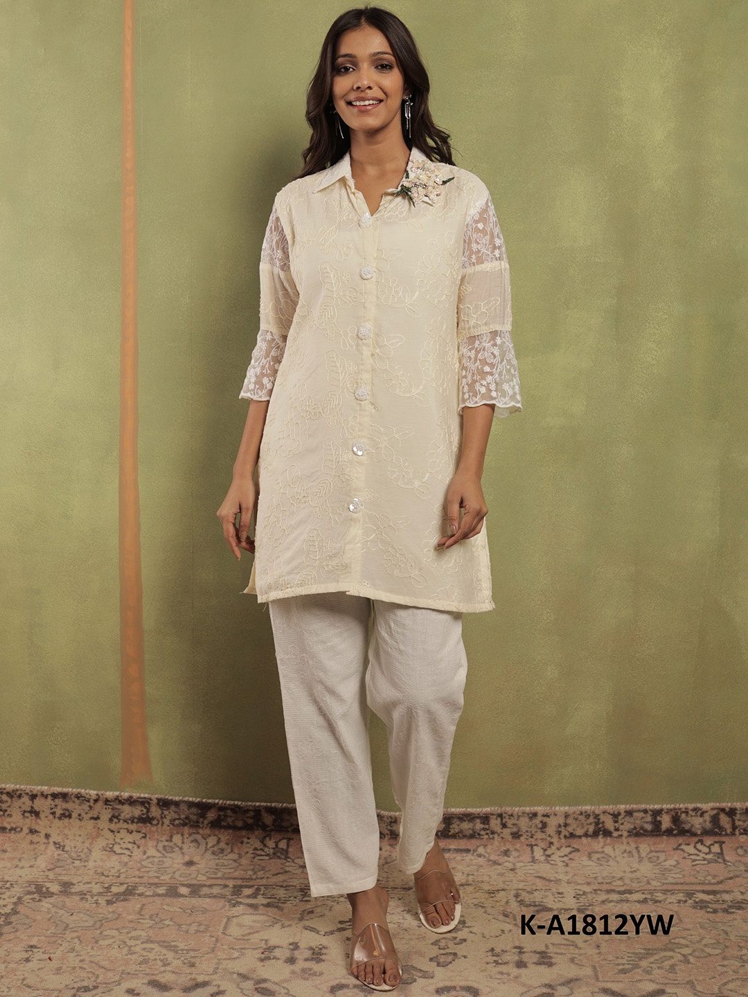 

SRIHA Floral Embroidered Shirt Collar Tunic & Trousers, Cream